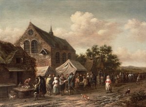 Mercado de aves de corral junto a una iglesia